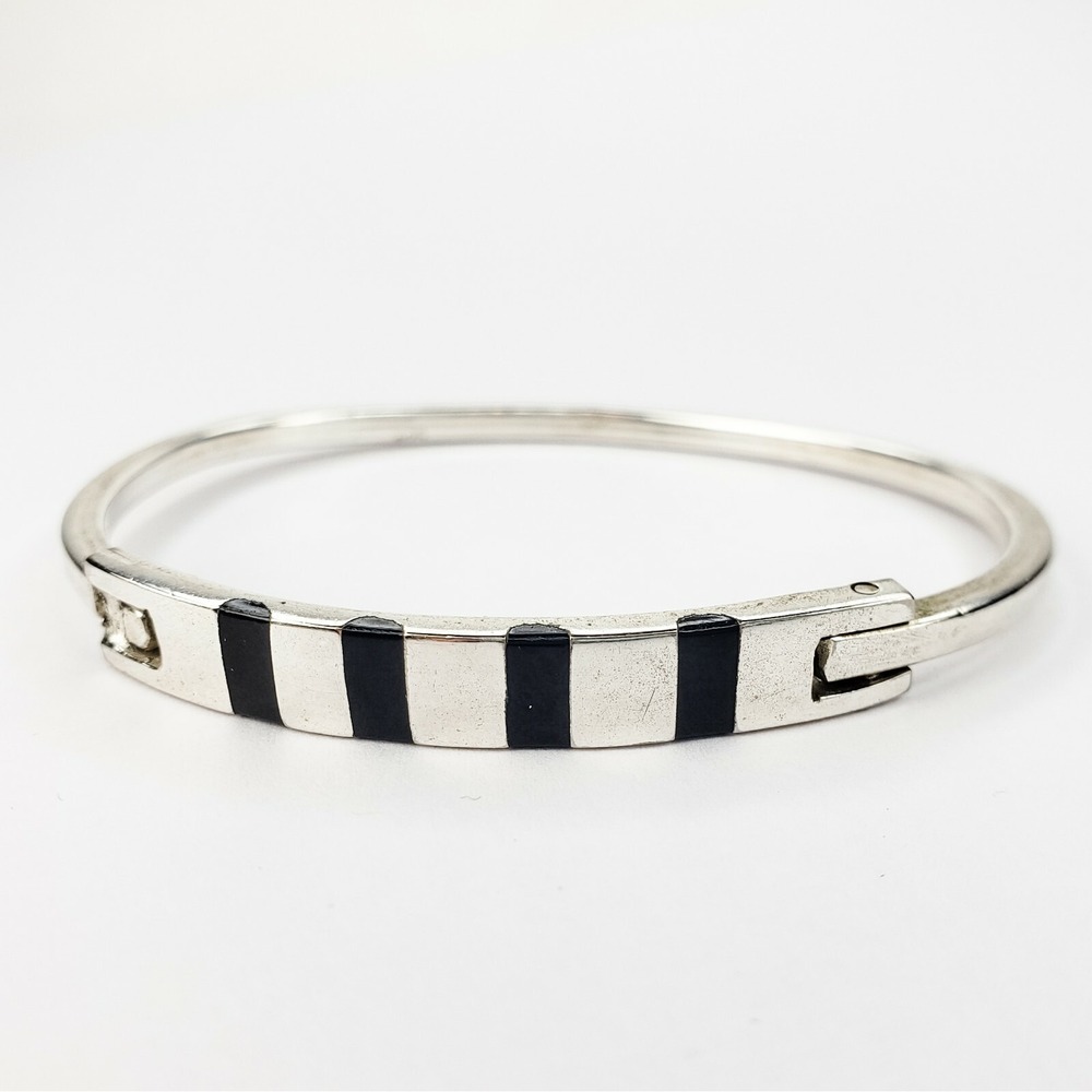 Vintage Hinged Bangle 925 Sterling Silver 6.5in Silver Black Enamel Inlay Mexico